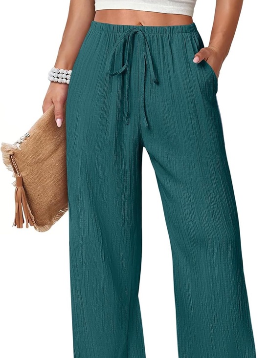 Pants - Wide Leg Drawstring Pants in Teal